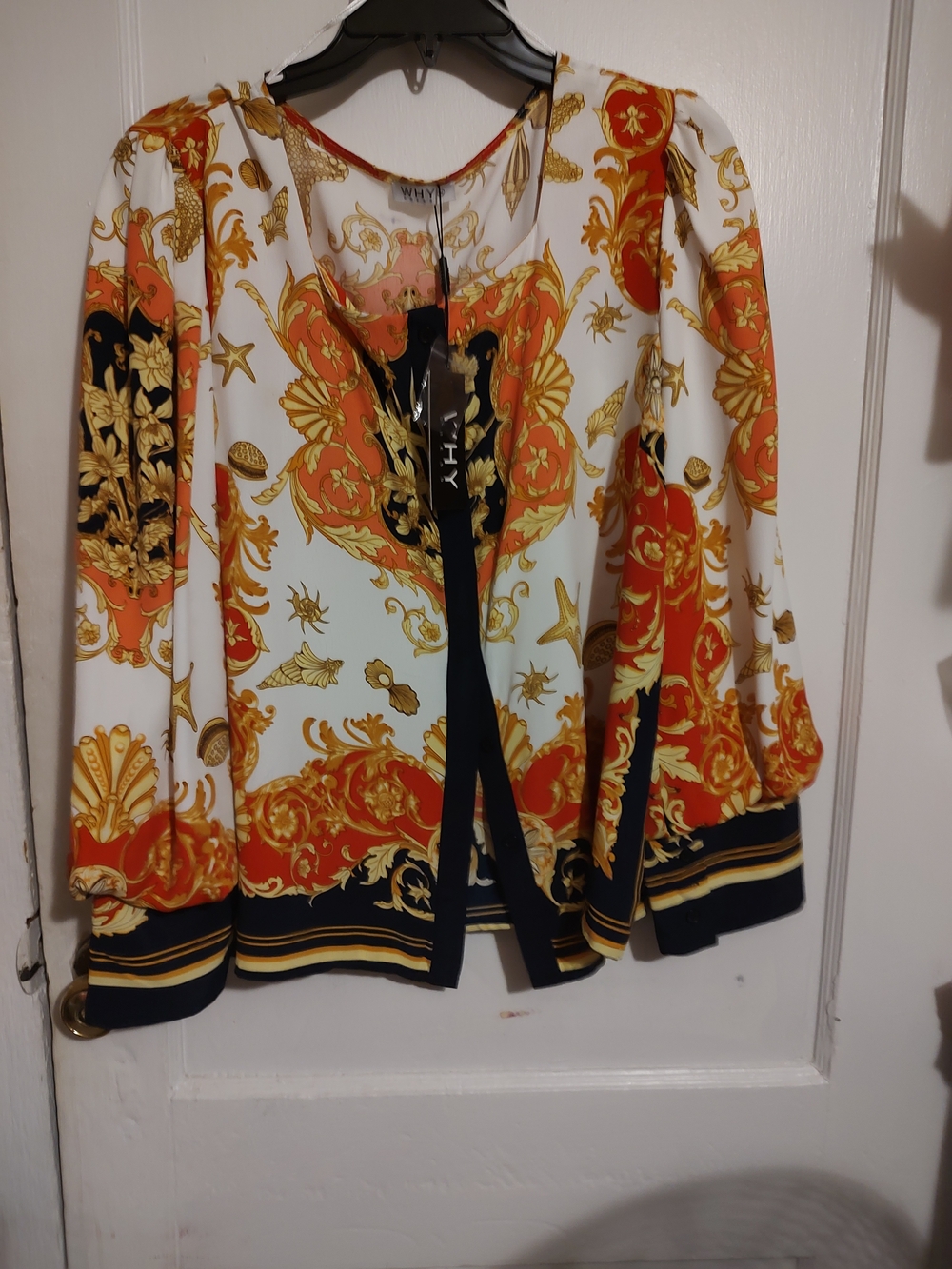 Bold Baroque Print Blouse in White, Orange & Gold